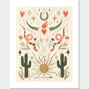 Desert Boho Elements Cactus Sun Snakes Bohemian Design Posters and Art